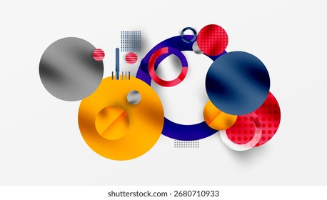 Abstract composition featuring colorful overlapping circles, rectangles, lines. Modern design with dynamic shapes, gradients, textures.