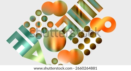 Abstract composition featuring colorful spheres, rectangles, dots. Gradient hues create dynamic visual texture. Modern design elements present.