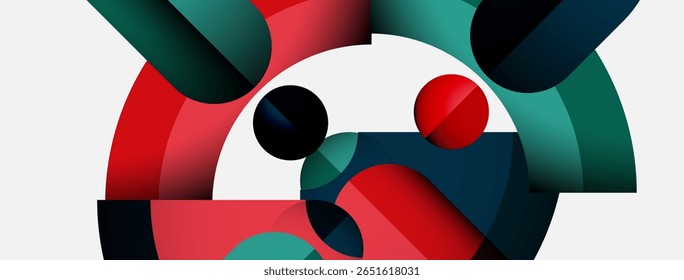 Abstract composition featuring curved shapes, circles, red, teal, dark hues. Minimalist design with dynamic interplay between forms, creating visual interest.