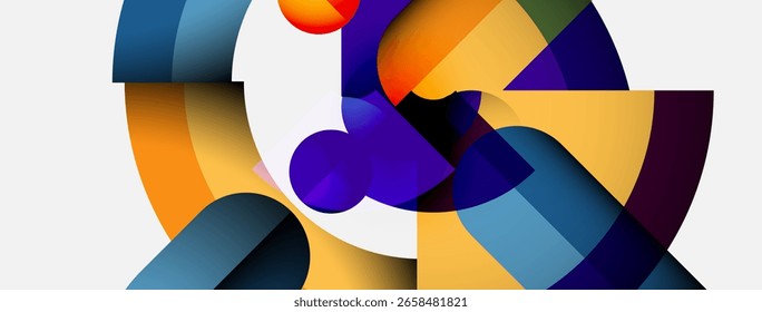 Abstract composition featuring curved shapes, vibrant colors, geometric forms. Minimalist design with dynamic interplay between elements.
