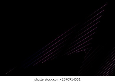  abstract composition featuring diagonal neon light streaks in purple and pink on a deep black background