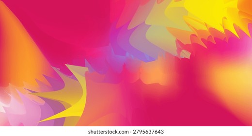 An abstract composition featuring dynamic, swirling shapes in bright pink, yellow, and orange, creating a sense of energy and movement.