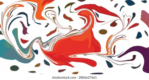An abstract composition featuring dynamic swirls of red, orange, teal, and purple, interspersed with scattered organic dots.