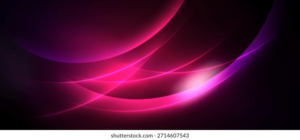 Composição abstrata com curvas de fluxo, rosas vibrantes, roxas, fundo preto. A luz dinâmica cria efeito luminoso.