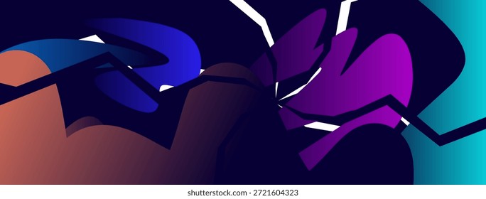 Composición Abstractas con Formas fracturadas y Gradientes atrevidos de tonos azules, púrpuras y cobre. Las agudas grietas blancas añaden contraste al fondo de estilo neón.