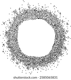 Abstract composition featuring a frame of dots, round particles. Ideal for modern and artistic designs. Stipple grunge background illustration, ink dots effect. Grain dotted grunge round frame.
