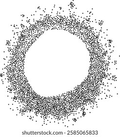 Abstract composition featuring a frame of dots, round particles. Ideal for modern and artistic designs. Stipple grunge background illustration, ink dots effect. Grain dotted grunge round frame.
