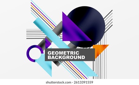 Abstract composition featuring geometric shapes. Lines, triangles, circles create dynamic visual effect. Modern design with vibrant color palette. Minimalist aesthetic.