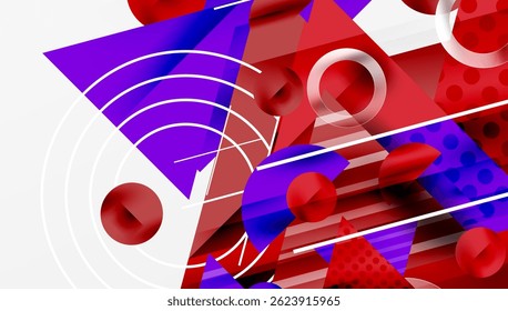 Abstract composition featuring geometric shapes, vibrant colors. Red, purple, white dominate design, creating dynamic visual impact.