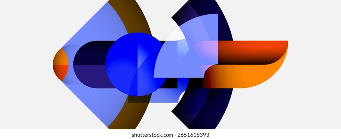 Abstract composition featuring geometric shapes, vibrant blues, oranges, browns. Smooth gradients create depth, modern aesthetic.