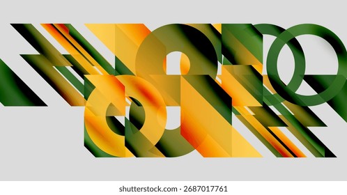 Abstract composition featuring geometric shapes, vibrant colors, overlapping forms. Modern design, dynamic interplay, visual complexity.