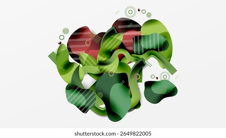 Composição abstrata com formas verdes e vermelhas. Faixas sobrepostas criam textura visual dinâmica. Círculos, linhas adicionam detalhes sutis.