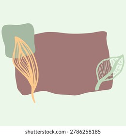 Abstract composition featuring a large brown irregular shape, a muted green square on the left, a peach curved strand of lines, and a pale green leaf motif on the right against a light green backdrop.