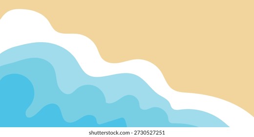 Composición abstracta con capas de arena beige, curvas de onda blancas y diferentes tonos azules del océano. Evoca la calma, la relajación y el paisaje costero adecuado para viajar,