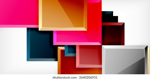 Abstract composition featuring layered rectangles. Vivid colors contrast against dark, white backgrounds. Modern design, geometric shapes dominate scene.