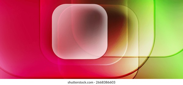 Abstract composition featuring layered translucent squares. Red, green hues blend, creating vibrant visual effect. Smooth gradients dominate design.