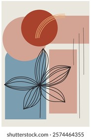 Abstract composition featuring modern floral design and geometric shapes in soft colors