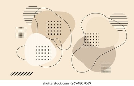 An abstract composition featuring organic shapes, linear elements, and dotted squares, creating a modern and minimalist design with a neutral color palette.