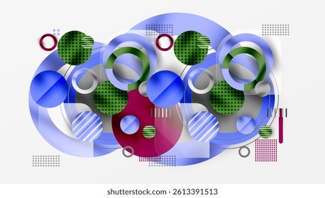 Abstract composition featuring overlapping circles, lines, textures. Blue, green, red, gray hues dominate design. Modern, geometric shapes create dynamic visual effect.