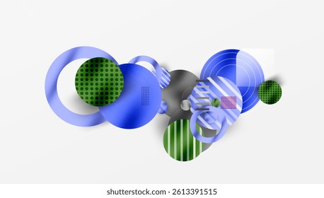 Abstract composition featuring overlapping circles, squares, stripes. Blue, green hues dominate design. Modern, dynamic visual arrangement with varied textures, gradients.