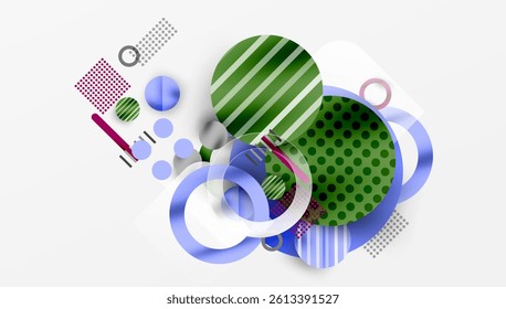 Abstract composition featuring overlapping circles, stripes, dots, lines. Various shades green, purple, blue create dynamic visual effect. Modern design elements present.