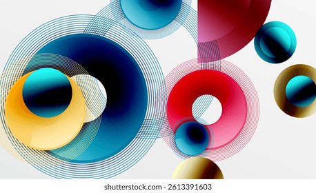 Abstract composition featuring overlapping circles, rings, lines. Vibrant colorsblue, red, yellowcreate dynamic visual effect. Modern design, clean aesthetic.