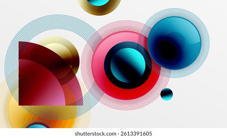 Abstract composition featuring overlapping circles, arcs, vibrant colors. Geometric shapes create dynamic visual effect. Modern design, clean lines, smooth gradients present.