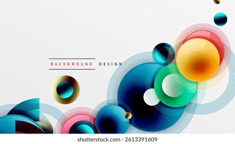 Abstract composition featuring overlapping circles, lines. Vibrant colorsblue, orange, pink, tealcreate dynamic visual effect. Modern design element for backgrounds, presentations.