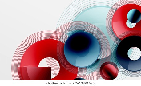 Abstract composition featuring overlapping circles, lines. Red, blue, light blue hues create dynamic visual effect. Modern design, clean aesthetic.
