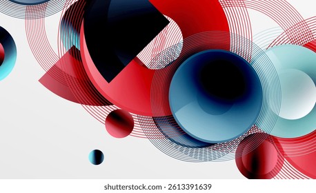 Abstract composition featuring overlapping circles, lines, shapes. Red, blue hues dominate design. Minimalist aesthetic creates dynamic visual experience. Modern, clean presentation.