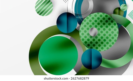 Abstract composition featuring overlapping circles, varying shades green, gray. Patterns include stripes, dots, gradients. Modern design elements present.