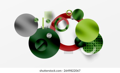 Abstract composition featuring overlapping circles, lines, dots. Green, gray, red hues dominate design. Modern, minimalist aesthetic.