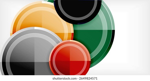 Composição abstrata com círculos sobrepostos, cores vibrantes, formas geométricas. Design moderno com texturas brilhantes, arranjo dinâmico.