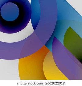 Abstract composition featuring overlapping circles, vibrant hues, smooth gradients. Modern design, minimalist aesthetic, colorful patterns dominate image.