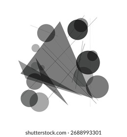 Uma composição abstrata que apresenta círculos, triângulos e linhas sobrepostos em vários tons de cinza contra um fundo branco.
