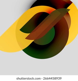 Abstract composition featuring overlapping circular forms. Colors include yellow, brown, green, black, gray. Shapes create dynamic visual interest.
