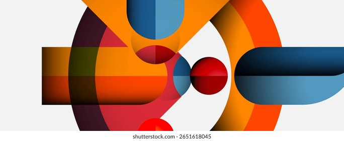 Abstract composition featuring overlapping colorful circles, curves, shapes. Modern design with vibrant hues, dynamic interplay.