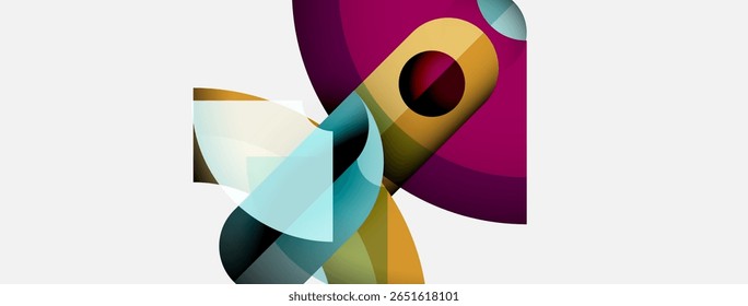 Abstract composition featuring overlapping colorful shapes. Curves, lines create dynamic visual interest. Modern design, vibrant hues dominate.