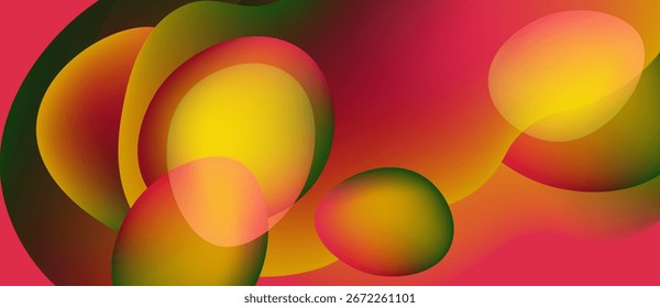 Abstract composition featuring overlapping colorful circles. Red, yellow, green hues blend creating dynamic visual effect. Smooth gradients dominate image.
