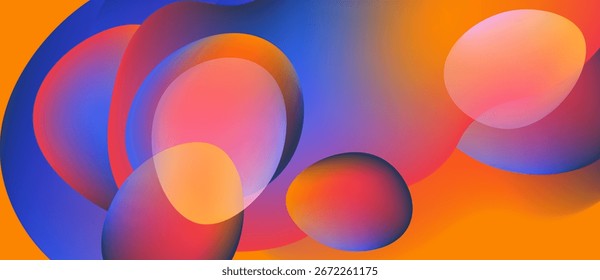 Composição abstrata com círculos coloridos sobrepostos. As matizes de gradiente mesclam laranja, azul e rosa, criando um efeito visual dinâmico. Transições suaves dominam.