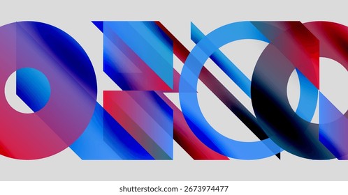 Abstract composition featuring overlapping colorful shapes. Red, blue hues dominate design, creating dynamic visual effect. Modern, geometric style.