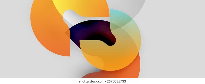 Composição abstrata com sobreposição de formas coloridas. Os tons quentes dominam, criando interesse visual dinâmico. Gradientes suaves sugerem profundidade.