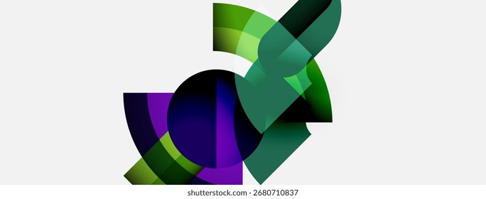 Abstract composition featuring overlapping colorful shapes. Greens, purples dominate design, creating dynamic visual effect. Modern, minimalist aesthetic.