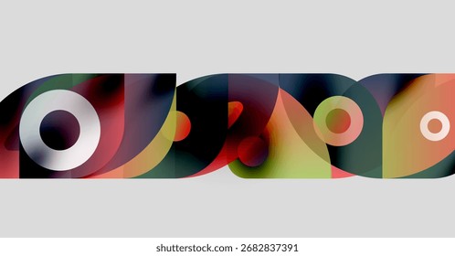 Abstract composition featuring overlapping colorful circles, curves. Modern design with gradients, soft shadows, neutral background.