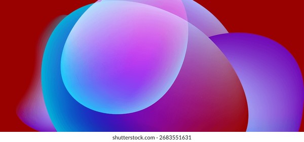 Composição abstrata com sobreposição de esferas coloridas. Blues vívidos, roxos, contrastam com o fundo vermelho. Gradientes suaves criam profundidade.