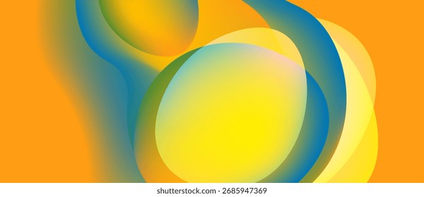 Abstract composition featuring overlapping colorful circles. Yellows, blues, oranges blend creating fluid shapes. Modern design element.