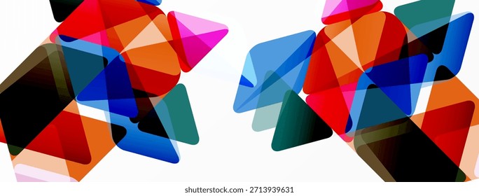 Abstract composition featuring overlapping colorful triangles. Shapes create dynamic visual texture, vibrant hues dominate design.