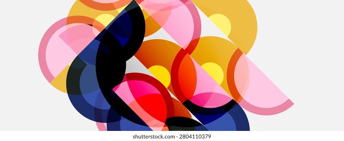 Abstract composition featuring overlapping colorful circles, creating dynamic visual interplay. Shapes blend, forming complex patterns.