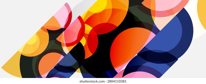 Abstract composition featuring overlapping colorful circles, curves, shapes. Modern design, vibrant hues, dynamic interplay.
