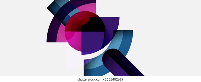 Abstract composition featuring overlapping curved shapes. Colors include purple, blue, pink, black, white. Modern design, dynamic visual elements.